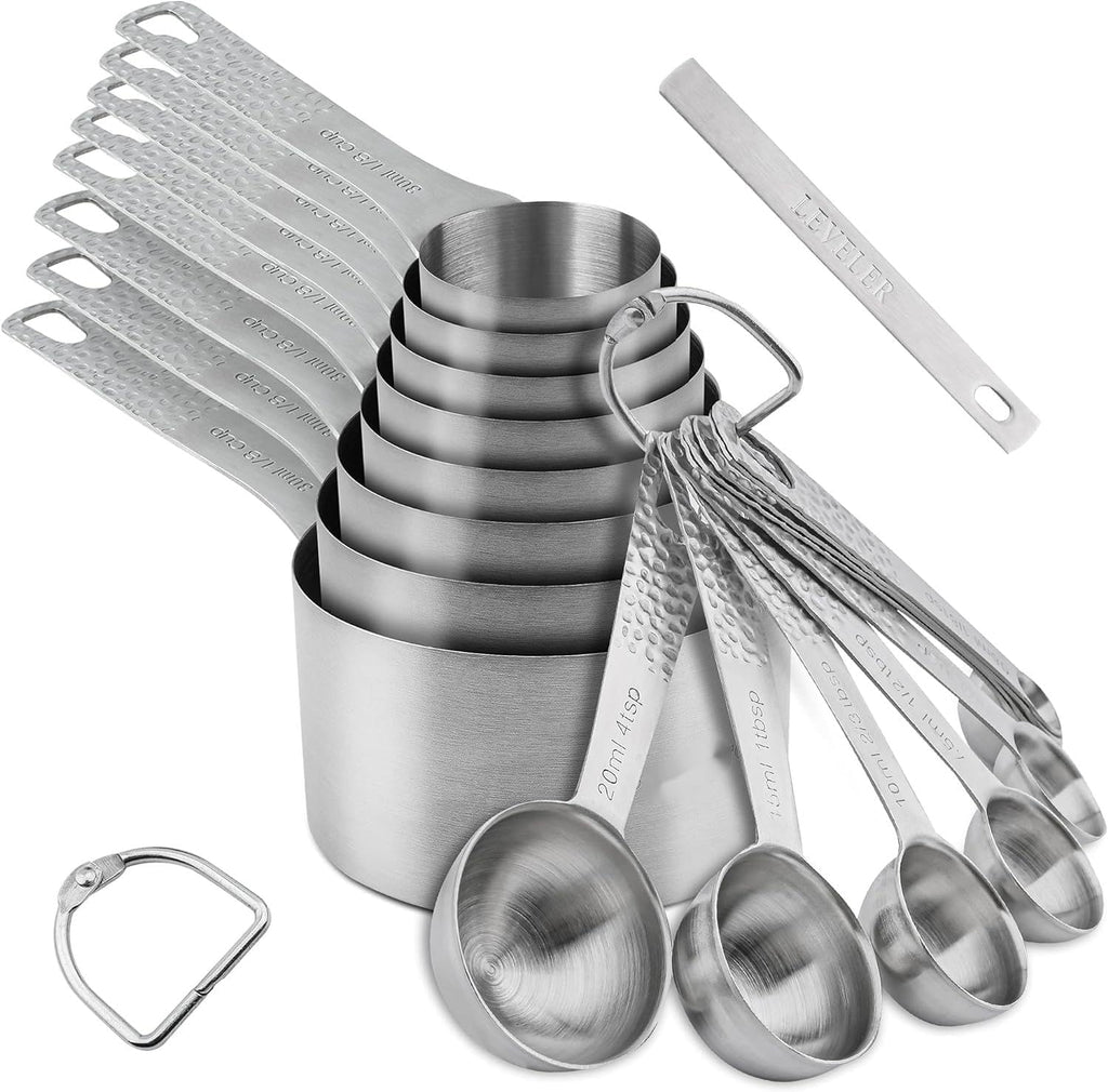 All-in-One 18-Piece Stainless Steel Measuring Set – 8 Cups + 9 Spoons with Leveler for Dry & Liquid Ingredients