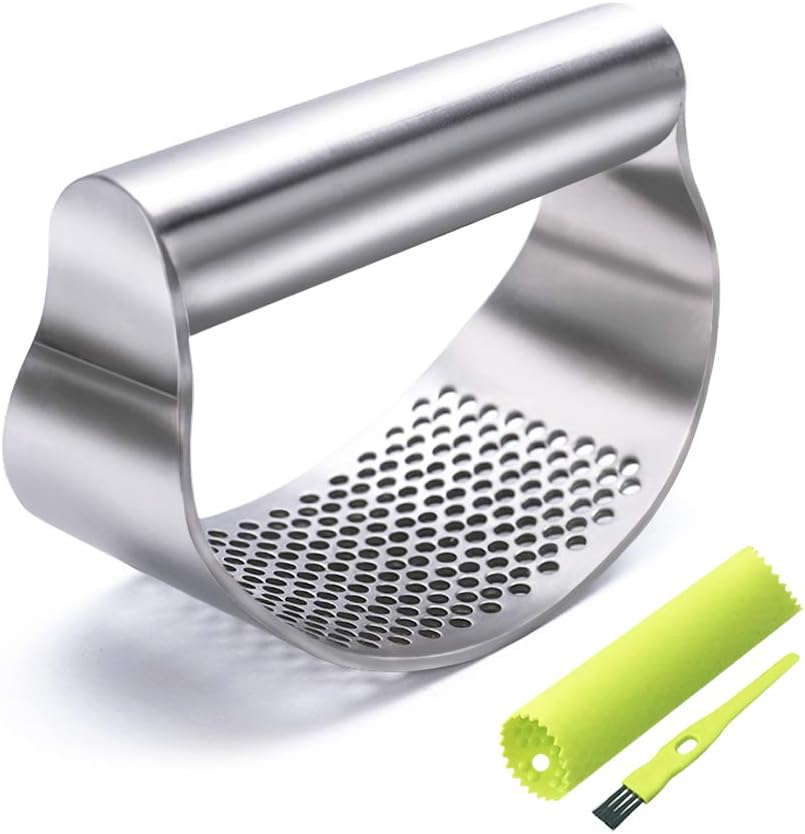 Premium Stainless Steel Garlic Press Rocker - Effortless Mincing with Ergonomic Handle & Peeler Included!