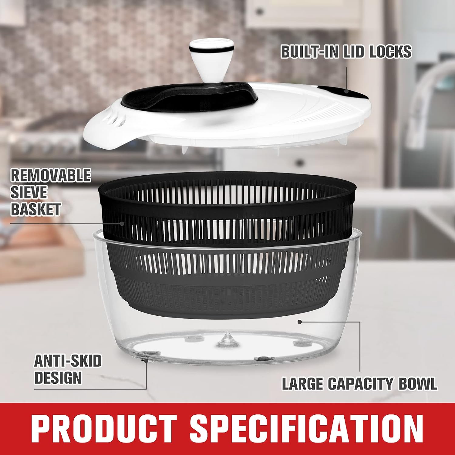 Salad Spinner - Kitchen Gadgets Vegetable Washer, High Efficiency for Home Kitchen Washing & Drying Leafy Vegetables, One-Handed Handle Easy Press 3.8 Qt White