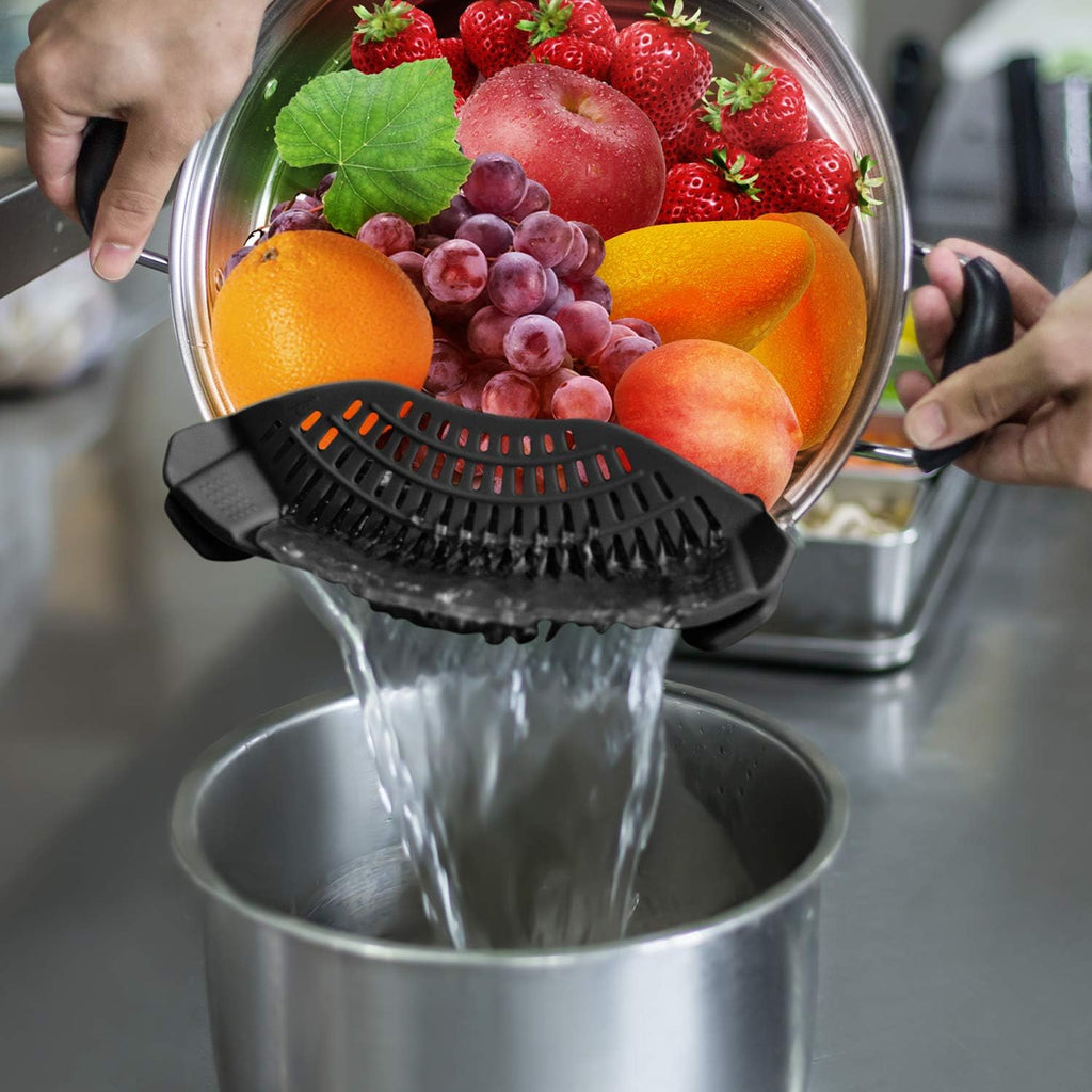 Silicone Clip-On Strainer for Pots & Pans – Pasta, Veggies, Meat, Fruit