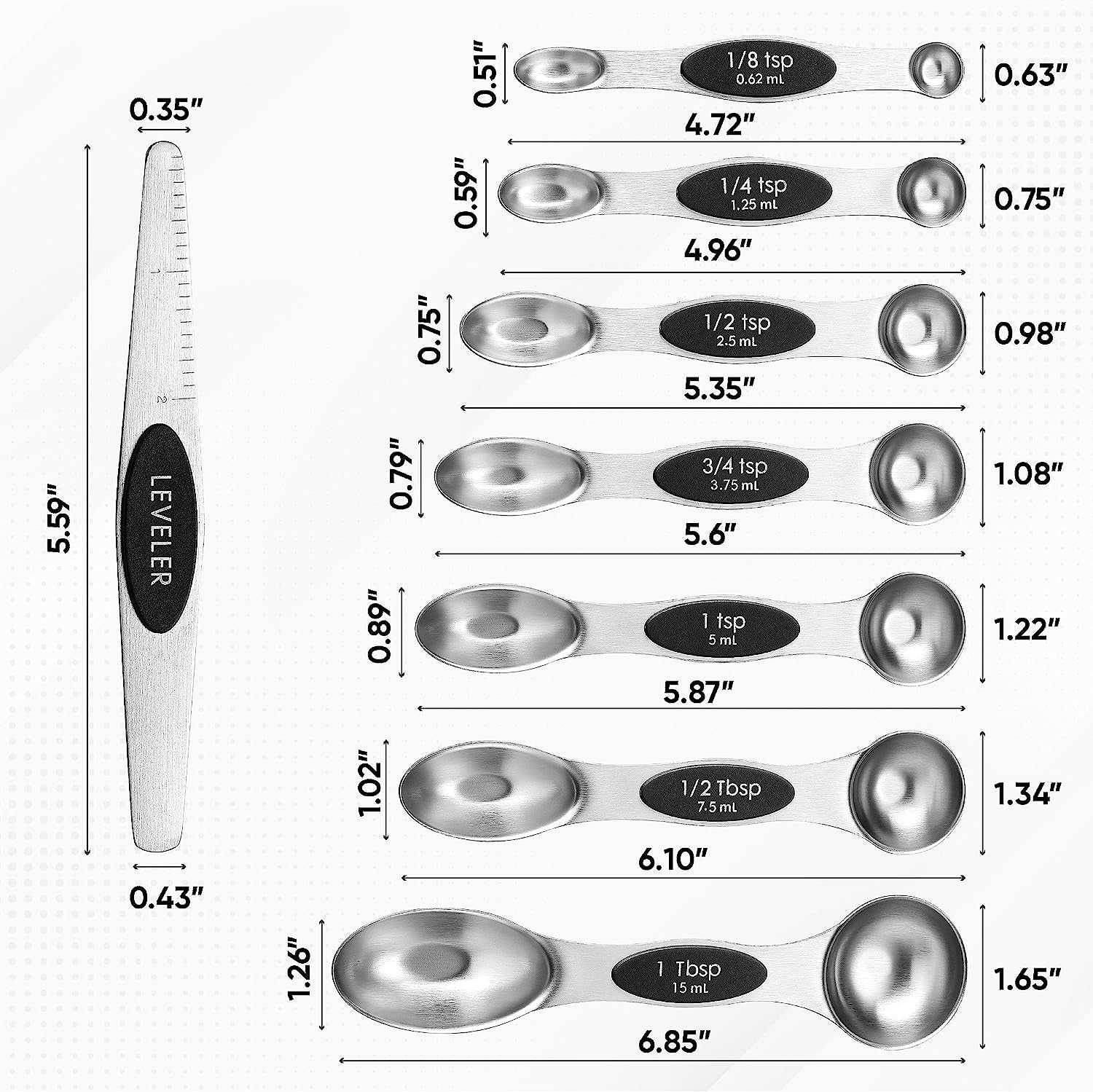 Stainless Steel Magnetic Measuring Spoons – 8-Piece Set with Strong N45 Magnets & Leveler, Heavy-Duty Kitchen Gadgets for Baking & Cooking, Fits Most Spice Jars, 