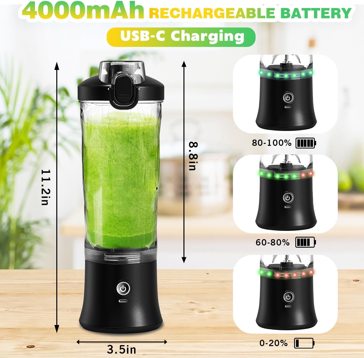 Portable Blender 20oz – USB-C Rechargeable Personal Juicer & Protein Shaker Bottle with Travel Lid & Insulated Sleeve for Shakes & Smoothies