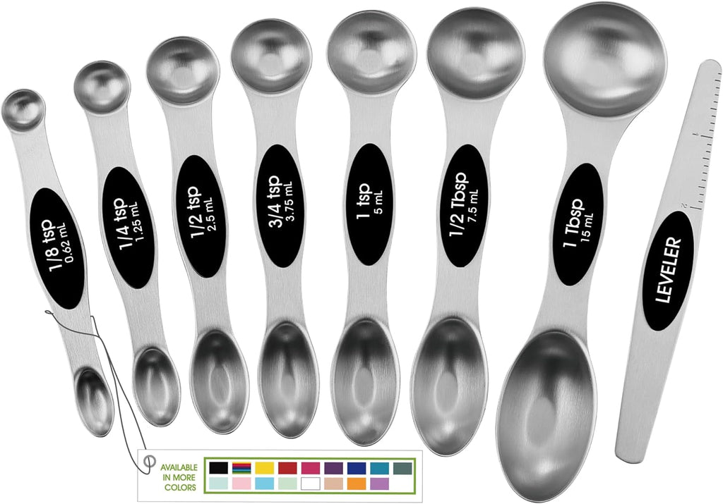 Stainless Steel Magnetic Measuring Spoons – 8-Piece Set with Strong N45 Magnets & Leveler, Heavy-Duty Kitchen Gadgets for Baking & Cooking, Fits Most Spice Jars, 
