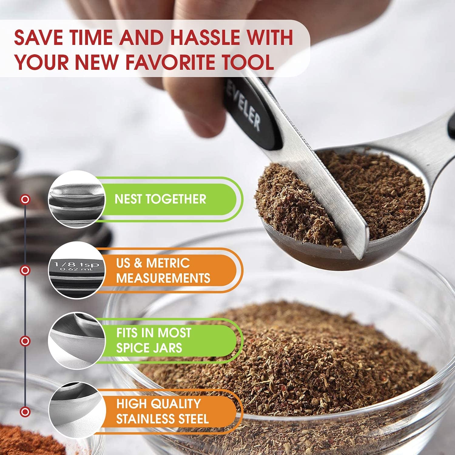 Stainless Steel Magnetic Measuring Spoons – 8-Piece Set with Strong N45 Magnets & Leveler, Heavy-Duty Kitchen Gadgets for Baking & Cooking, Fits Most Spice Jars, 